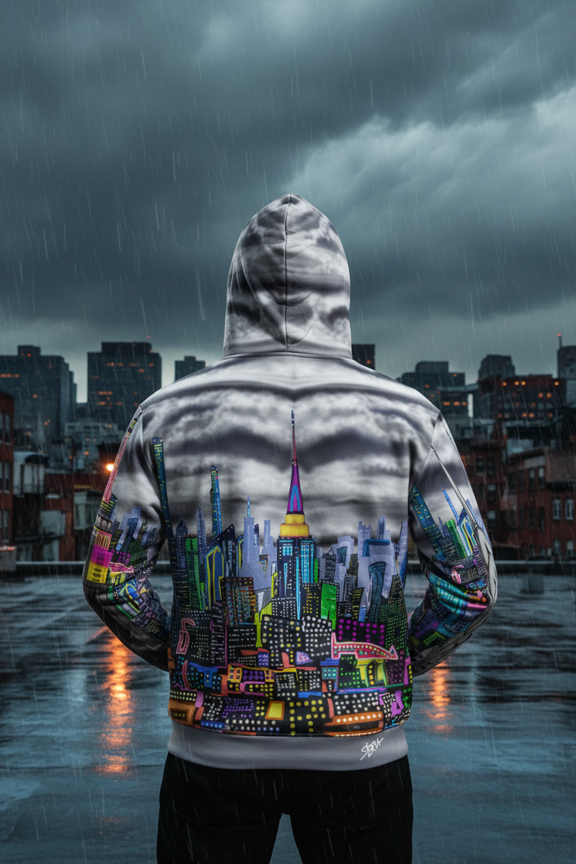 Person wearing a hoodie with a colorful cityscape Loria NYC Art design against a dark, rainy city skyline.