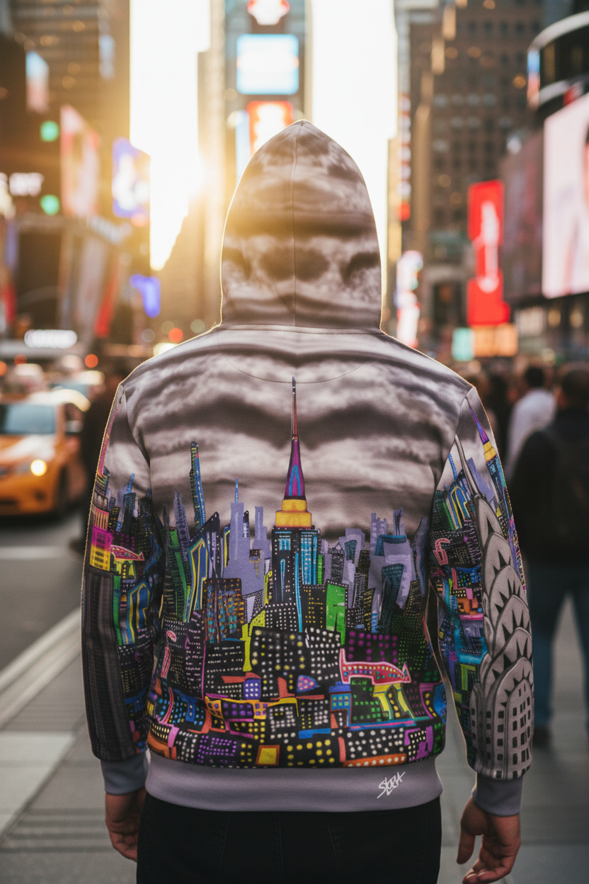 Person wearing a hoodie with a colorful cityscape Loria NYC Art design in a busy urban setting