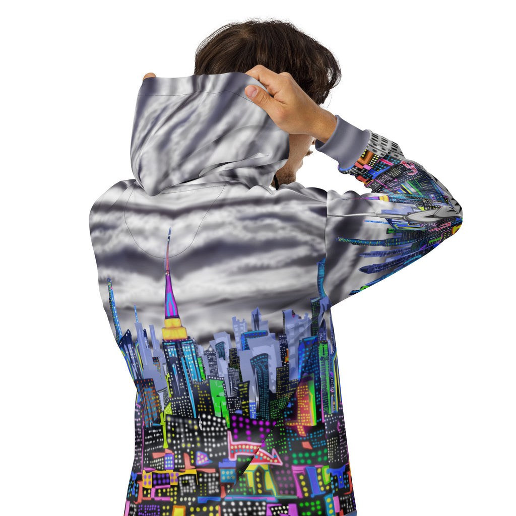 Person wearing a hoodie with a colorful cityscape Loria NYC Art design on a white background