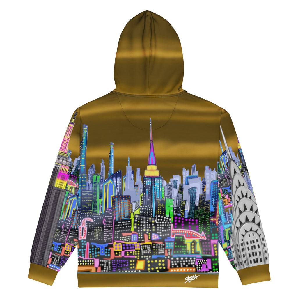 Hoodie with a colorful cityscape Loria NYC Art design on a white background