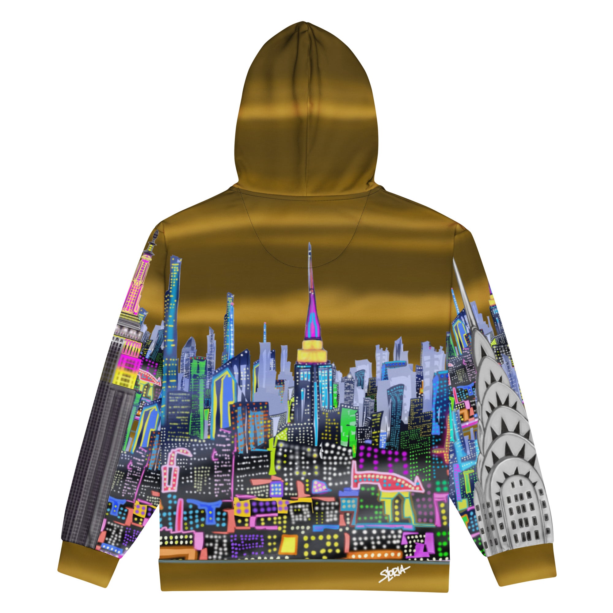 Hoodie with a colorful cityscape Loria NYC Art design on a white background