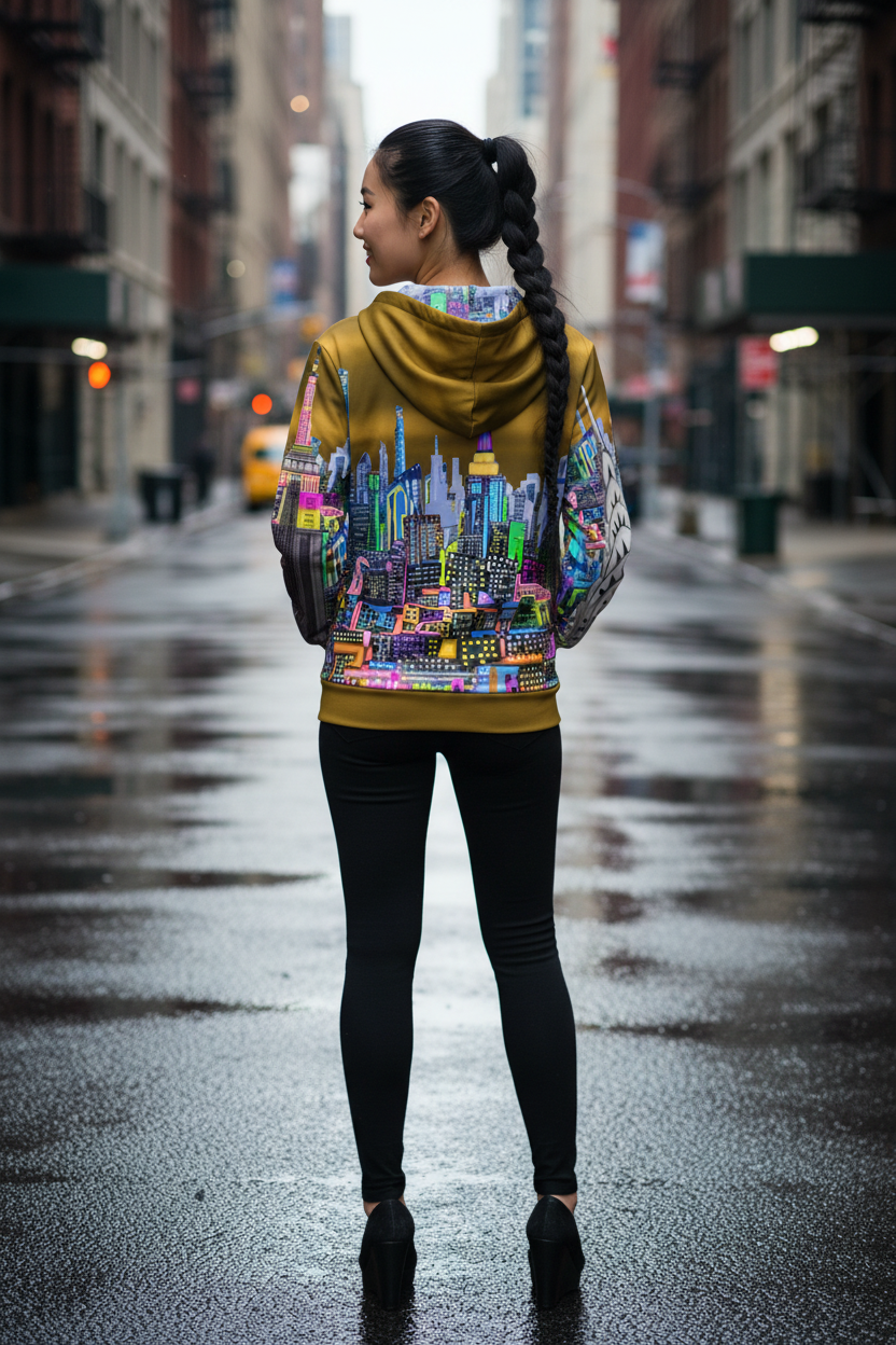 Person wearing a colorful Loria NYC Art jacket with a cityscape design on a city street.