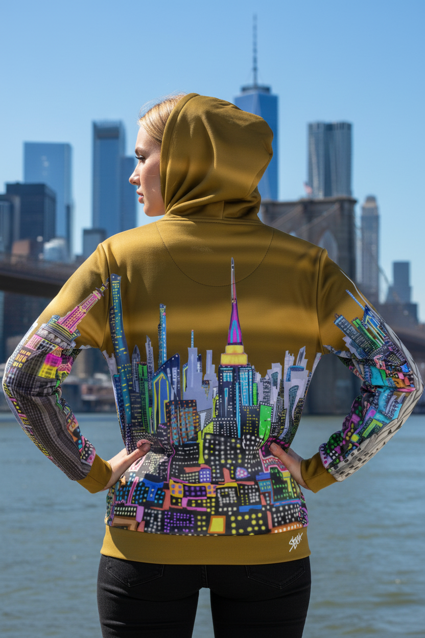 Person wearing a yellow hoodie with a colorful cityscape Loria NYC Art design, standing in front of a bridge and skyline.