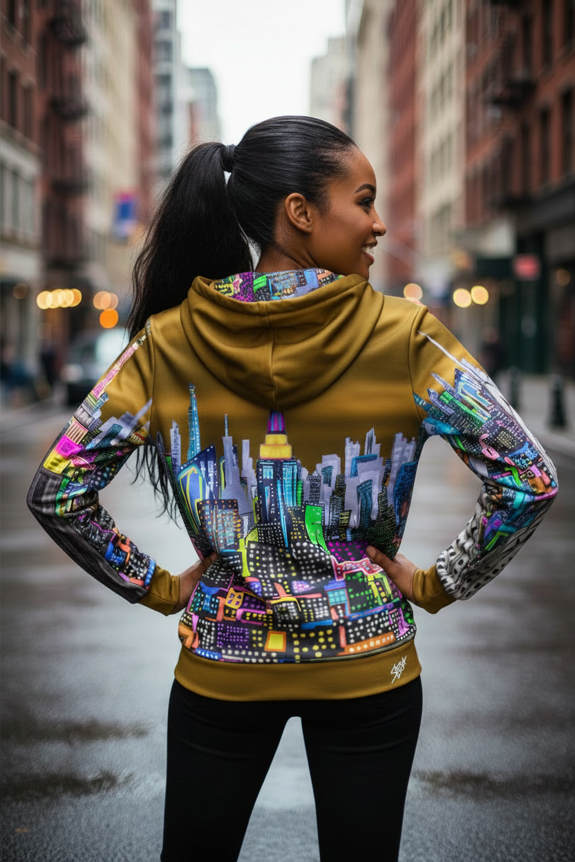 Woman wearing a Loria NYC Art hoodie with a colorful cityscape design on a city street.