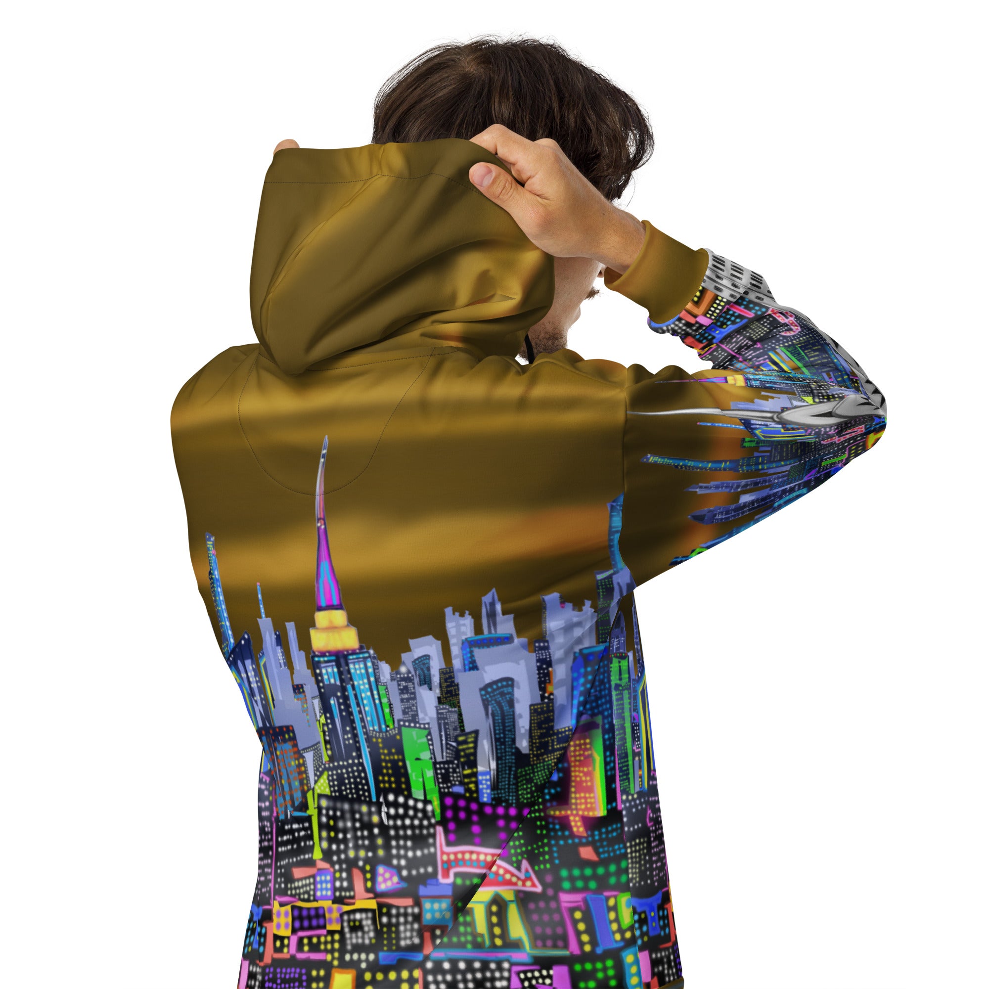 Person wearing a reflective hoodie with a cityscape Loria NYC Art design on a white background