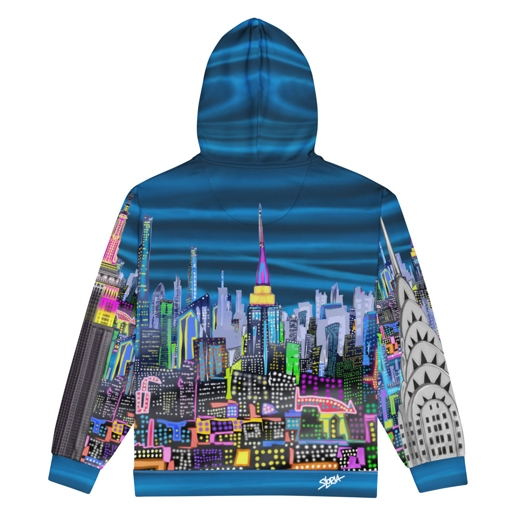 Back of Blue Hoodie with cityscape design by Loria NYC Art on a white background