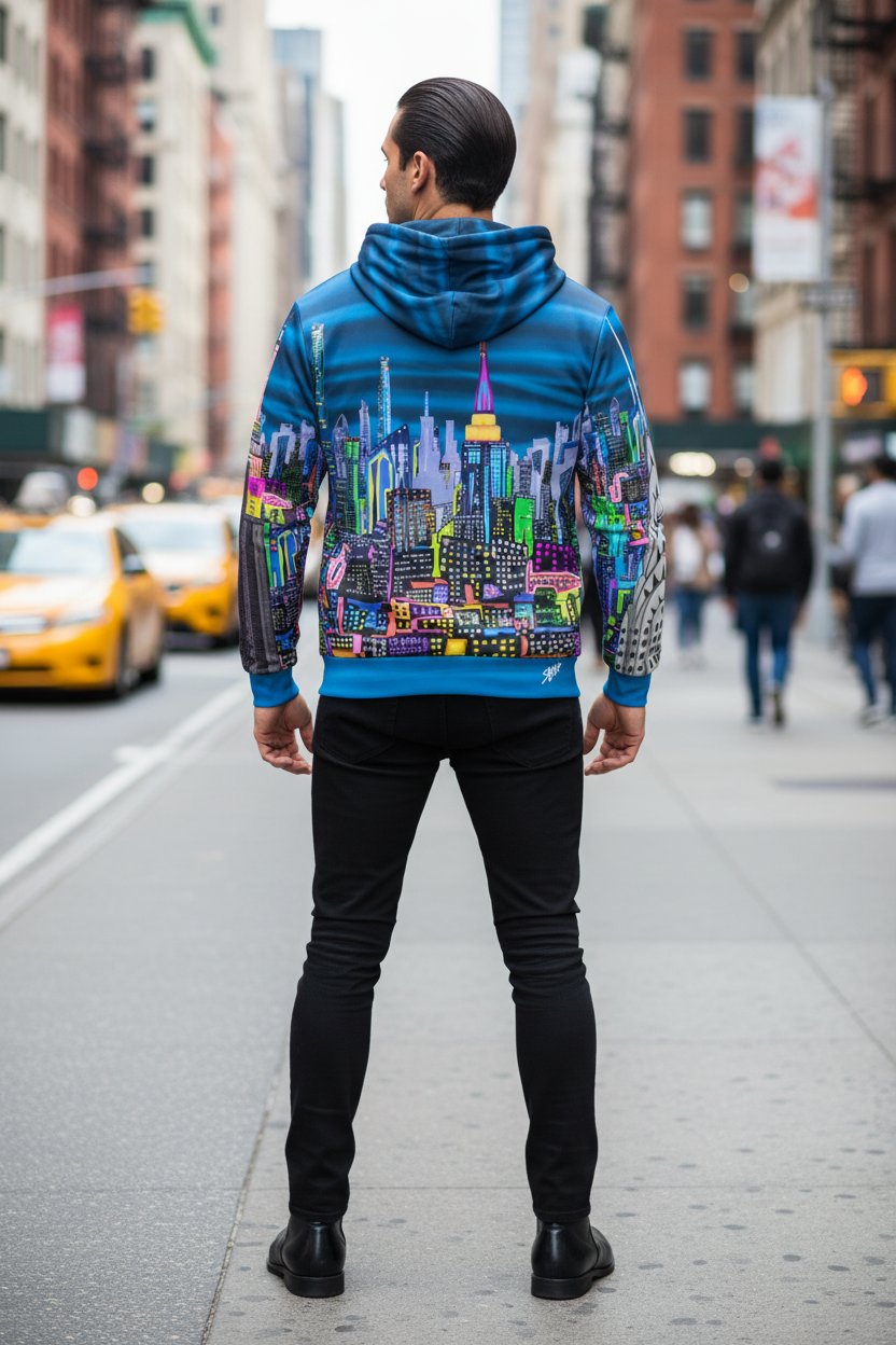 Person wearing a colorful hoodie with a cityscape Loria NYC Art design on a city street.