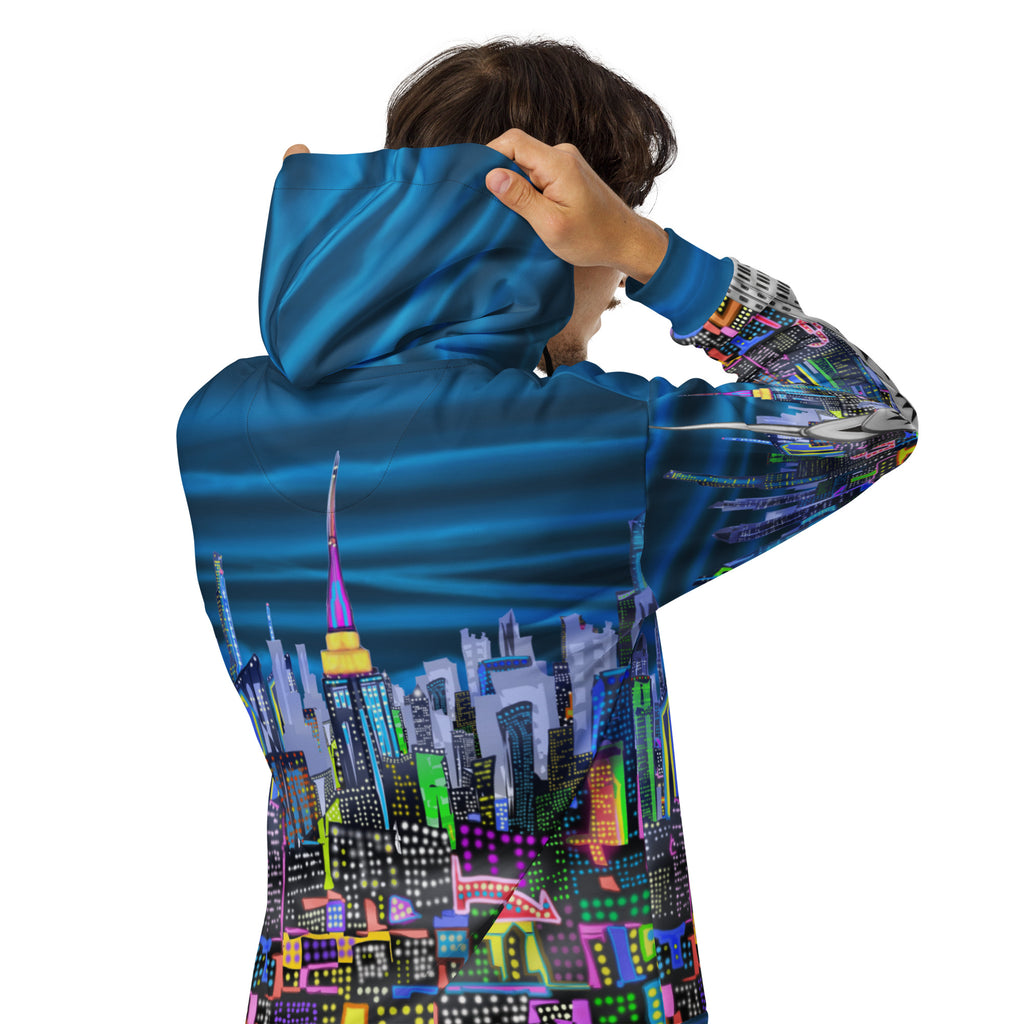 Back of hood for Blue Hoodie with cityscape design by Loria NYC Art on a white background
