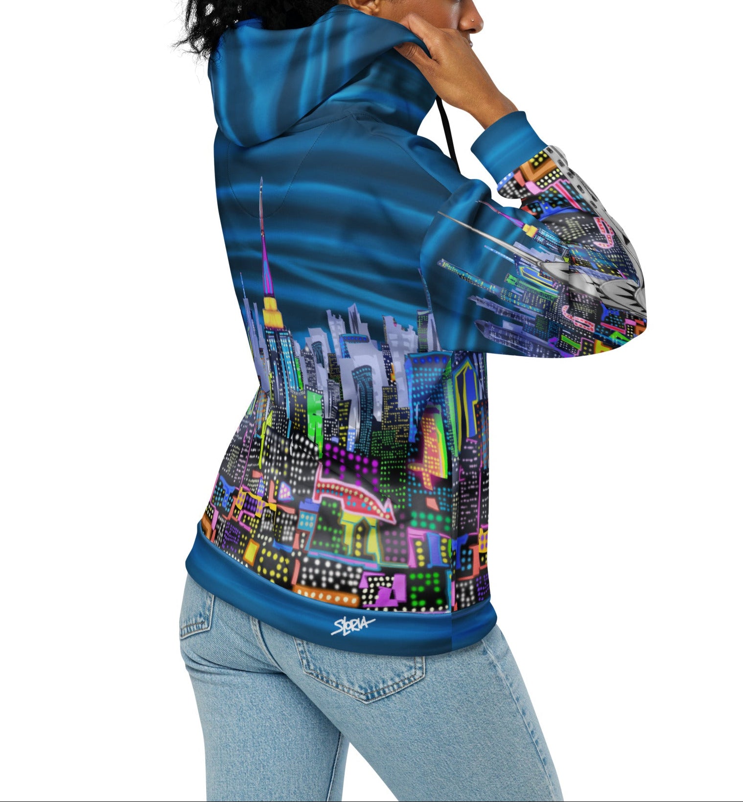 Back side full view of Blue Hoodie with cityscape design by Loria NYC Art on a white background