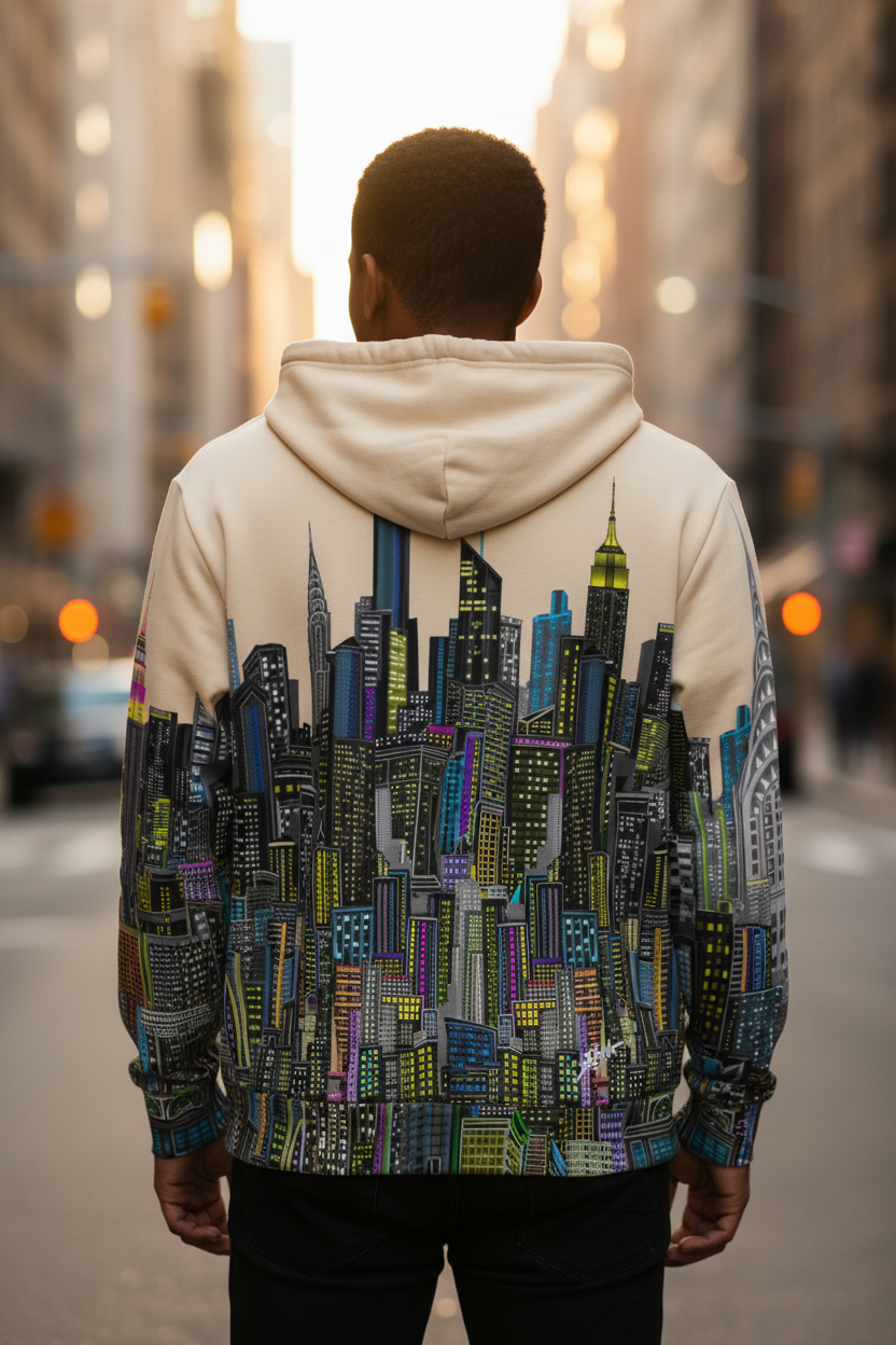 Person wearing a hoodie with a cityscape Loria NYC Art design on the back in an urban setting