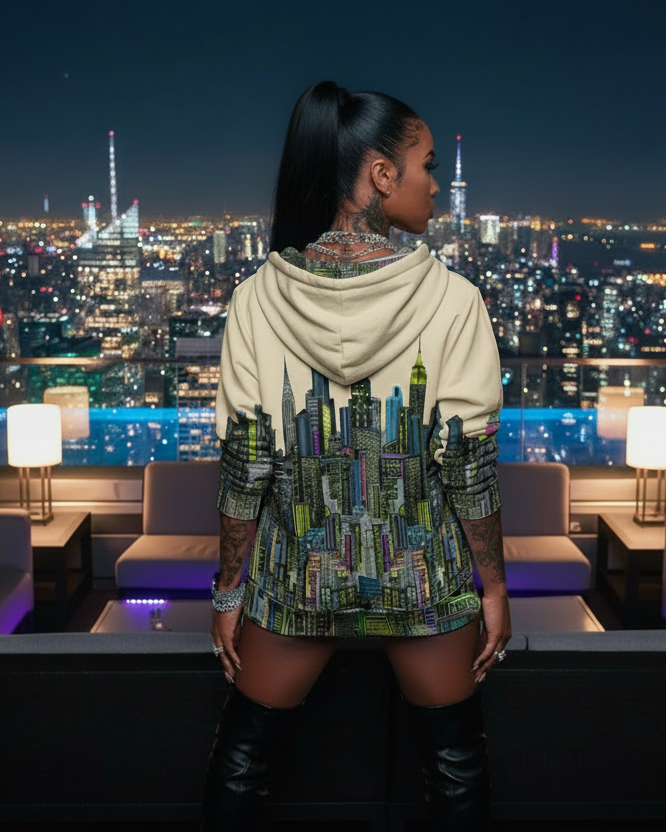 Woman wearing a Loria NYC Art hoodie standing on a rooftop with a cityscape view at night