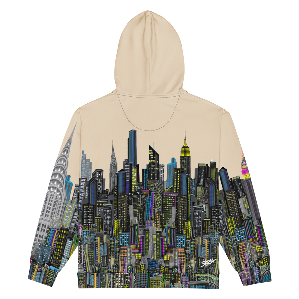 Beige hoodie with cityscape Loria NYC Art design on a white background