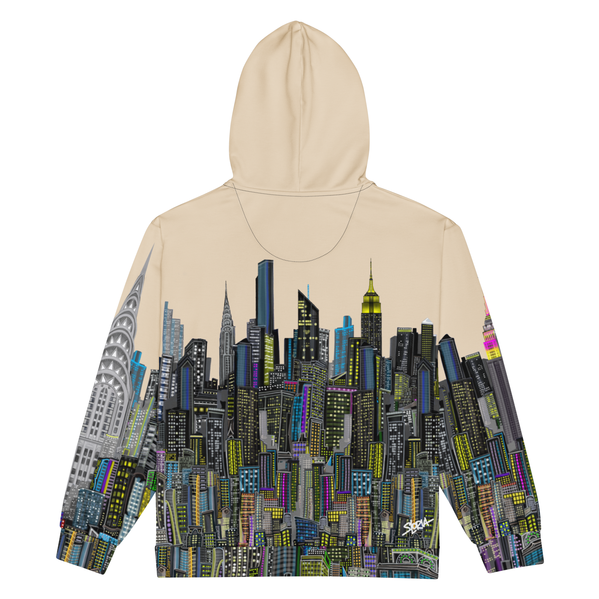 Beige hoodie with cityscape Loria NYC Art design on a white background