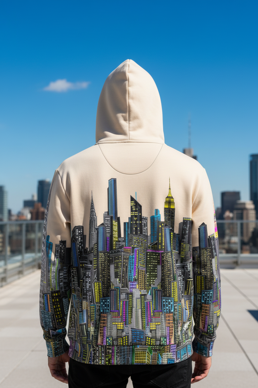 Person wearing a hoodie with a cityscape Loria NYC Art design on a rooftop with a city skyline in the background.
