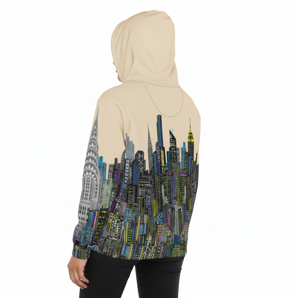 Hoodie with cityscape Loria NYC Art design on a white background