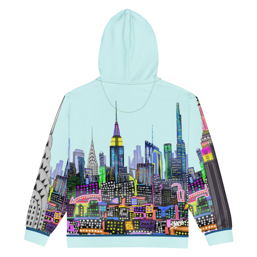 Hoodie with a colorful cityscape Loria NYC Art design on a light blue background