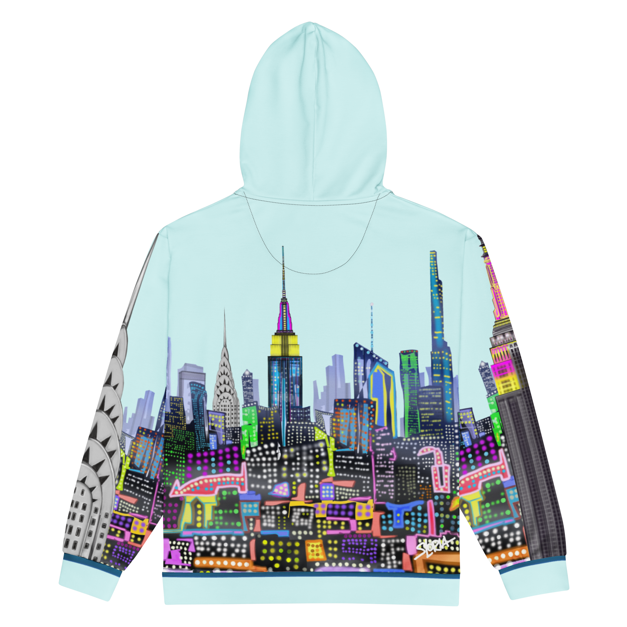 Hoodie with a colorful cityscape Loria NYC Art design on a light blue background