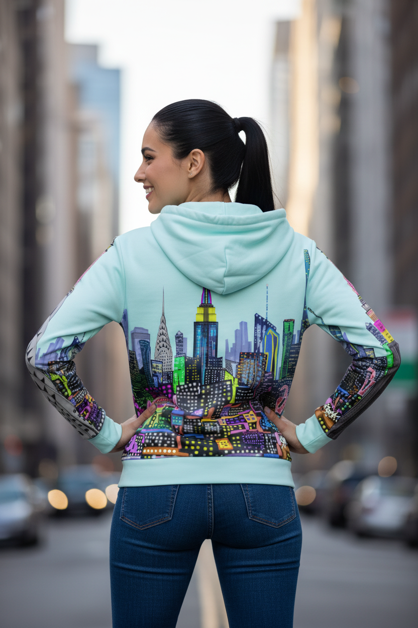 Person wearing a light blue hoodie with a colorful cityscape Loria NYC Art design on a city street.