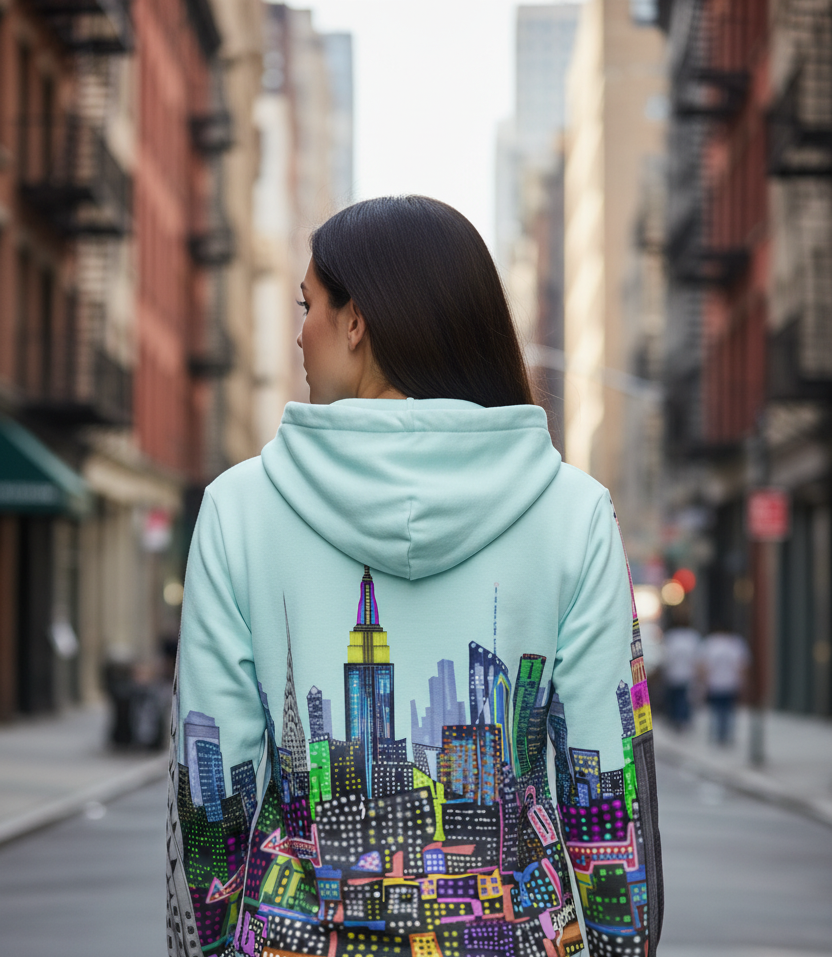 Person wearing a hoodie with a Loria NYC Art colorful cityscape design on a city street.
