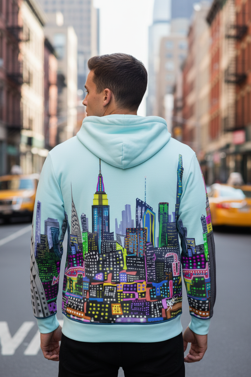 Person wearing a hoodie with a colorful cityscape Loria NYC Art design on a city street.