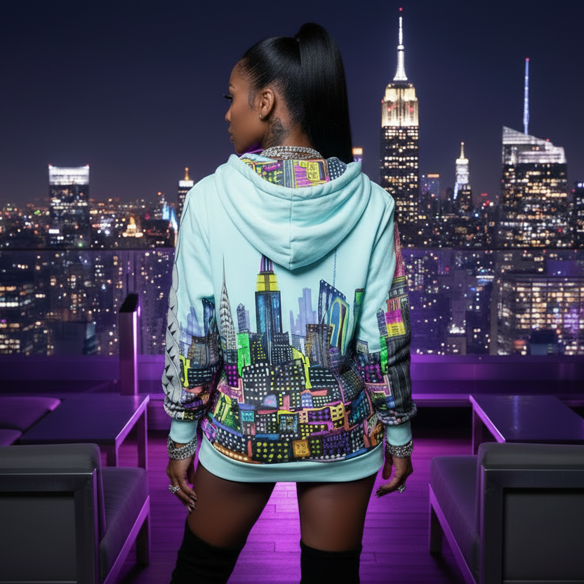 Person wearing a colorful Loria NYC Art hoodie with cityscape design, standing on a rooftop with a night-time city skyline view.