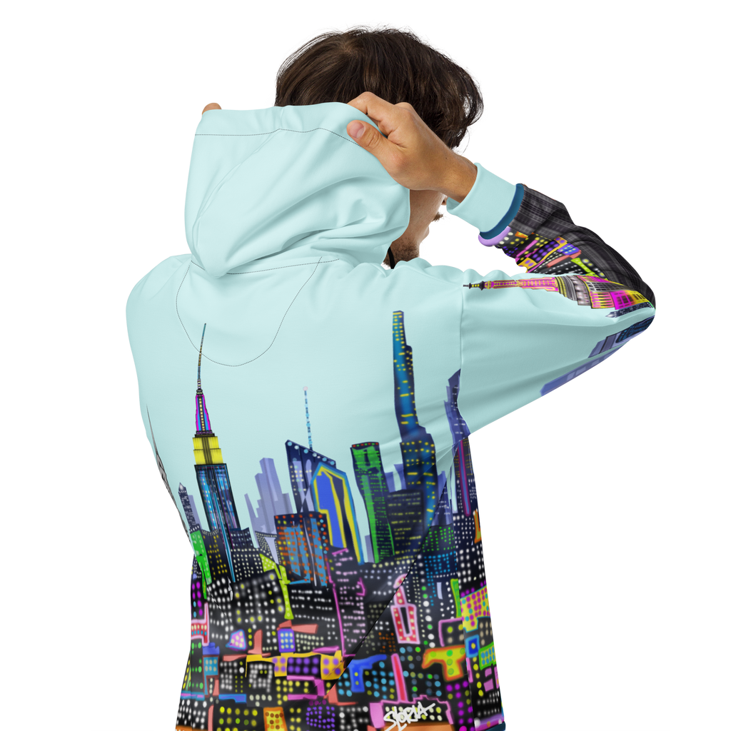 Light blue hoodie with colorful cityscape Loria NYC Art design on a white background