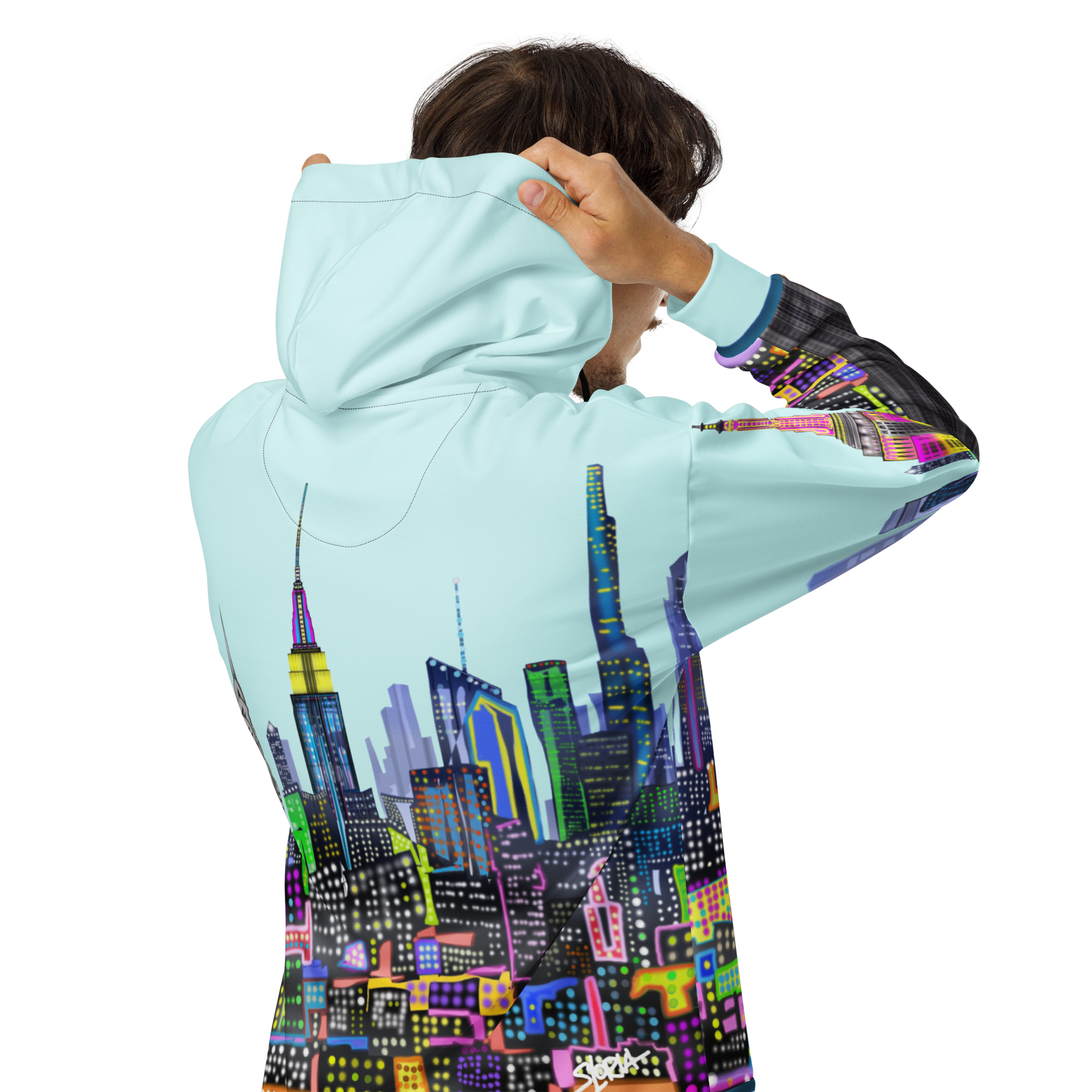 Light blue hoodie with colorful cityscape Loria NYC Art design on a white background