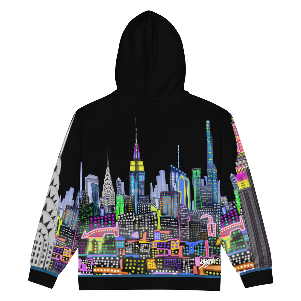 Hoodie with a colorful Loria NYC Art cityscape design on a white background