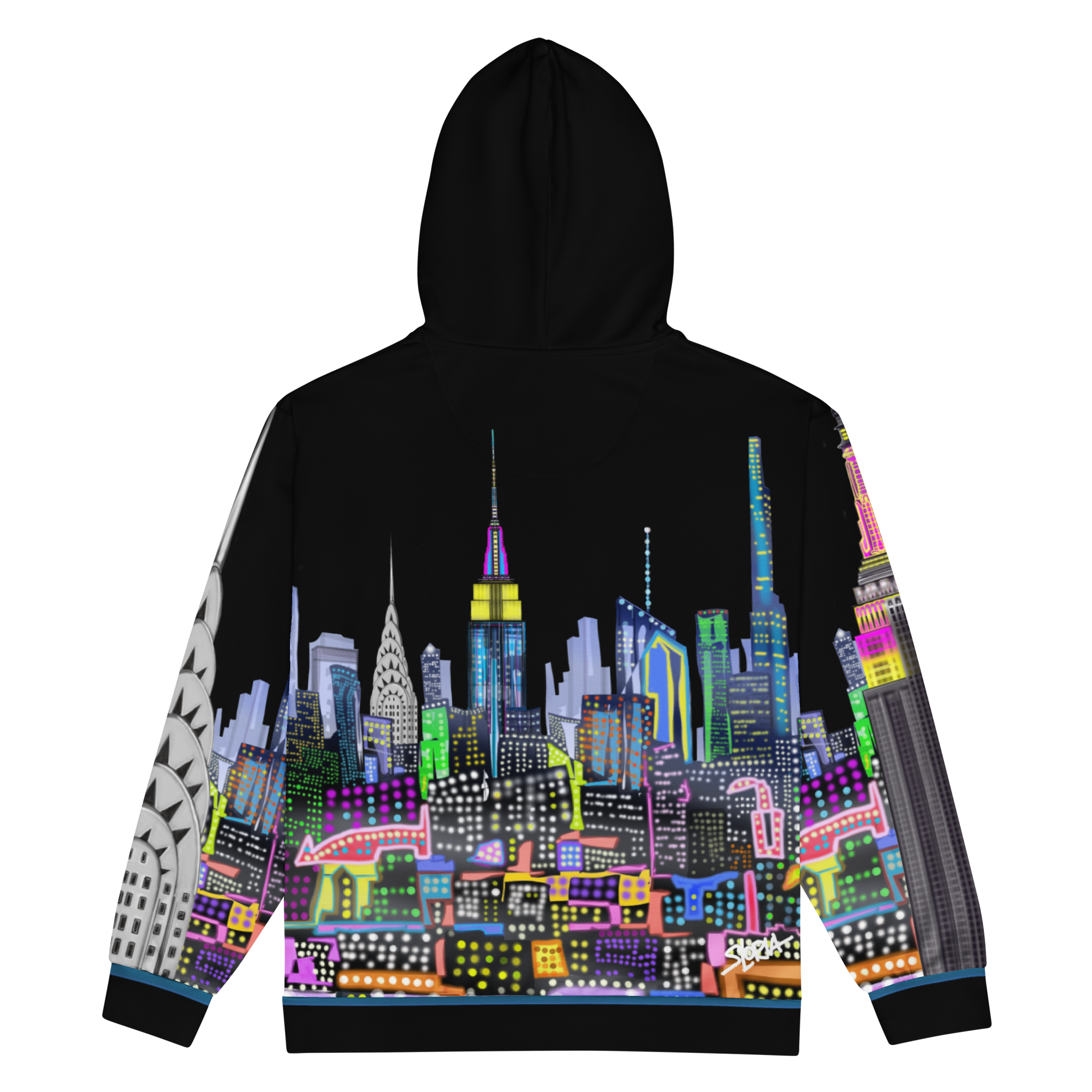 Hoodie with a colorful Loria NYC Art cityscape design on a white background