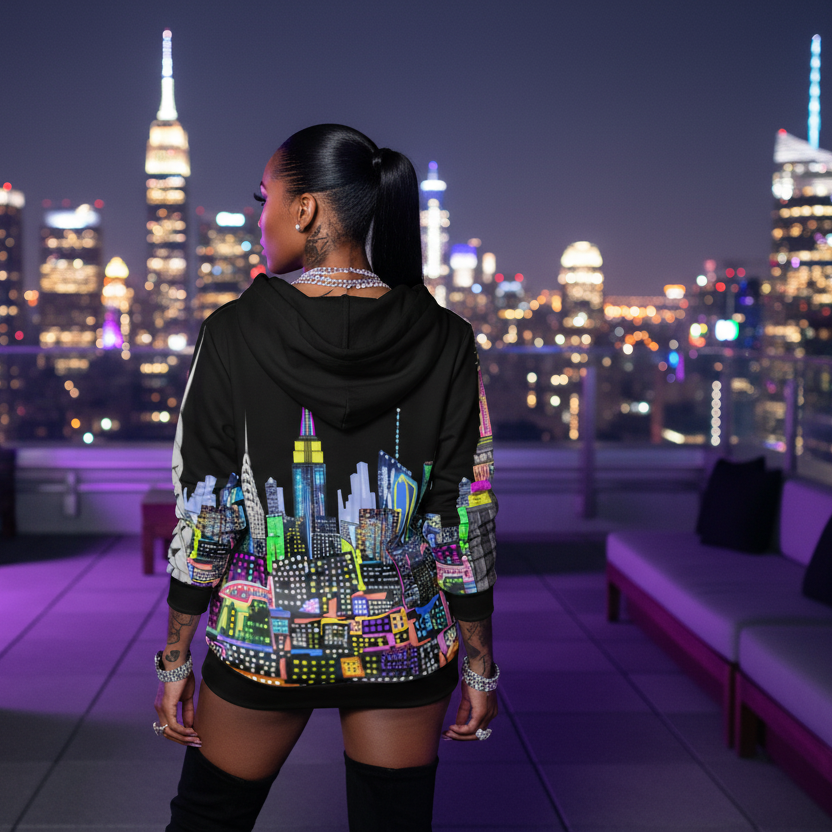 Woman standing on a rooftop with a city skyline Loria NYC Art hoodie and view at night