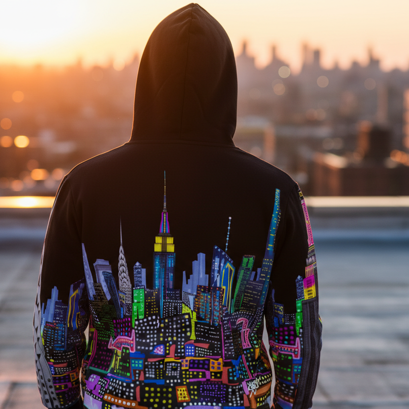 Person wearing a hoodie with a colorful cityscape Loria NYC Art design, standing on a rooftop at sunset.