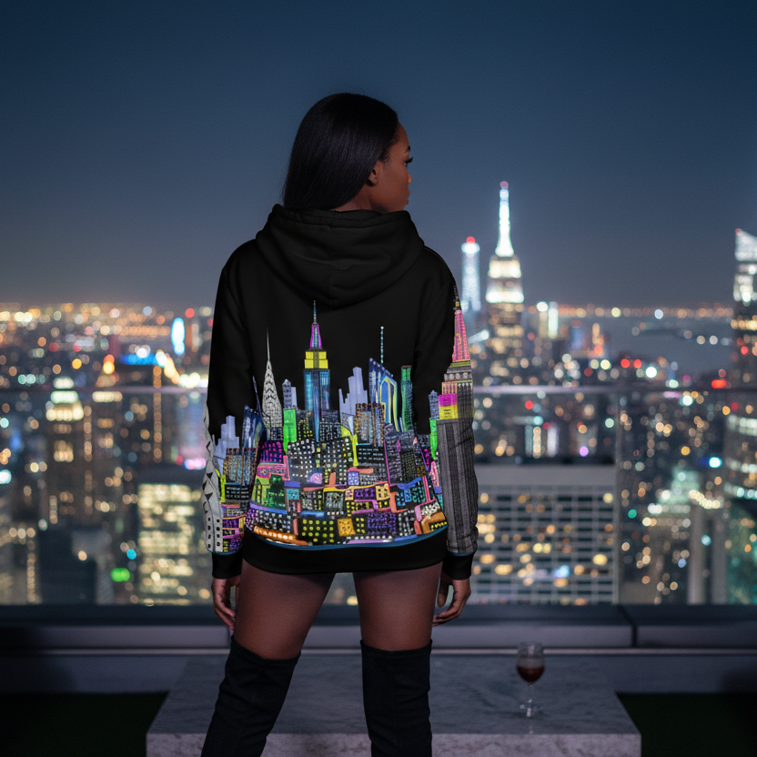 Person wearing a colorful Loria NYC Art hoodie with cityscape design, standing on a rooftop overlooking a city skyline at night.