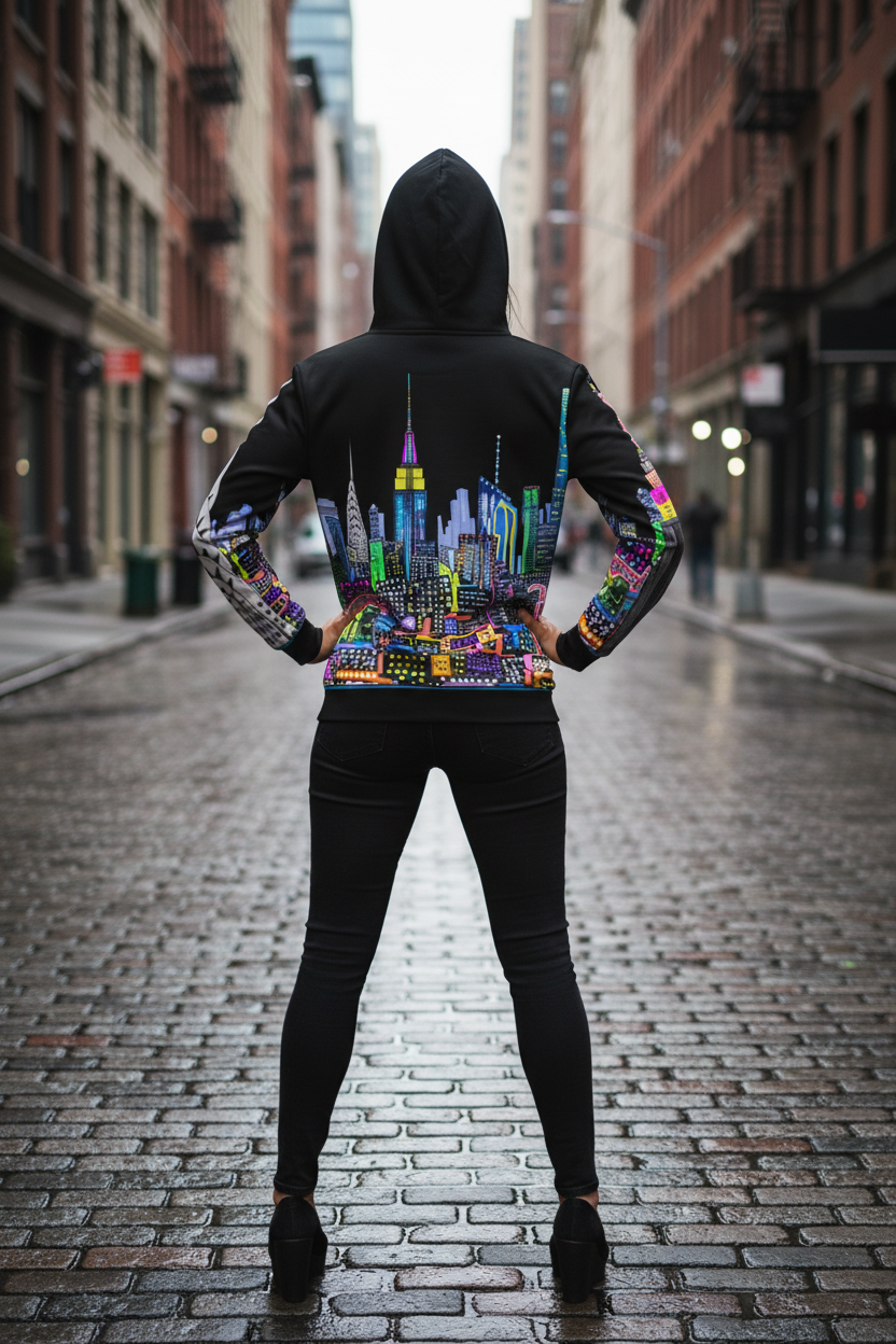 Person wearing a hoodie with a colorful cityscape Loria NYC Art design on a city street.