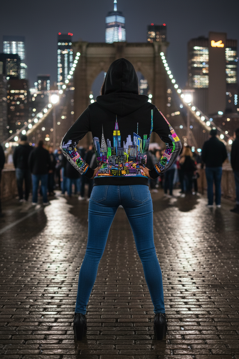 Person wearing a hoodie with a colorful cityscape Loria NYC Art design in front of a night-time city skyline.