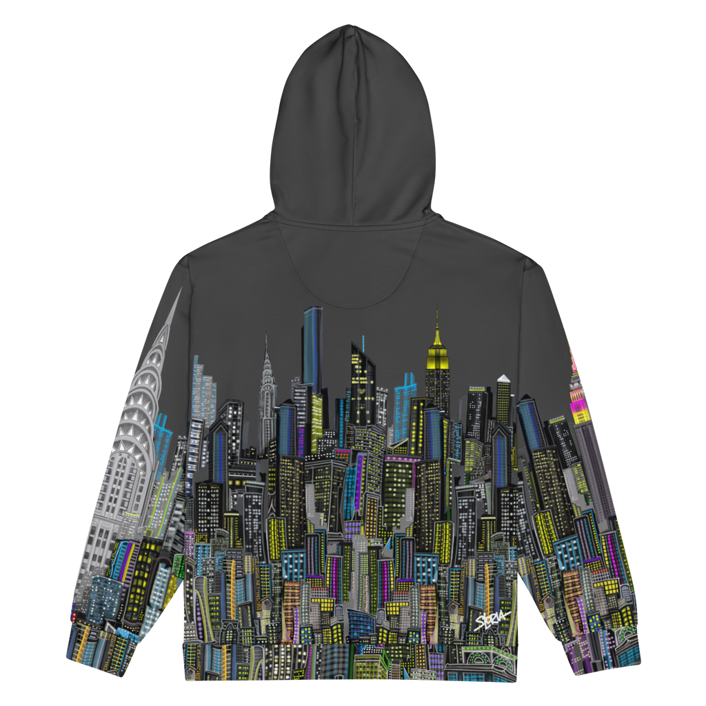 Hoodie with a cityscape Loria NYC Art  design on the back against a white background