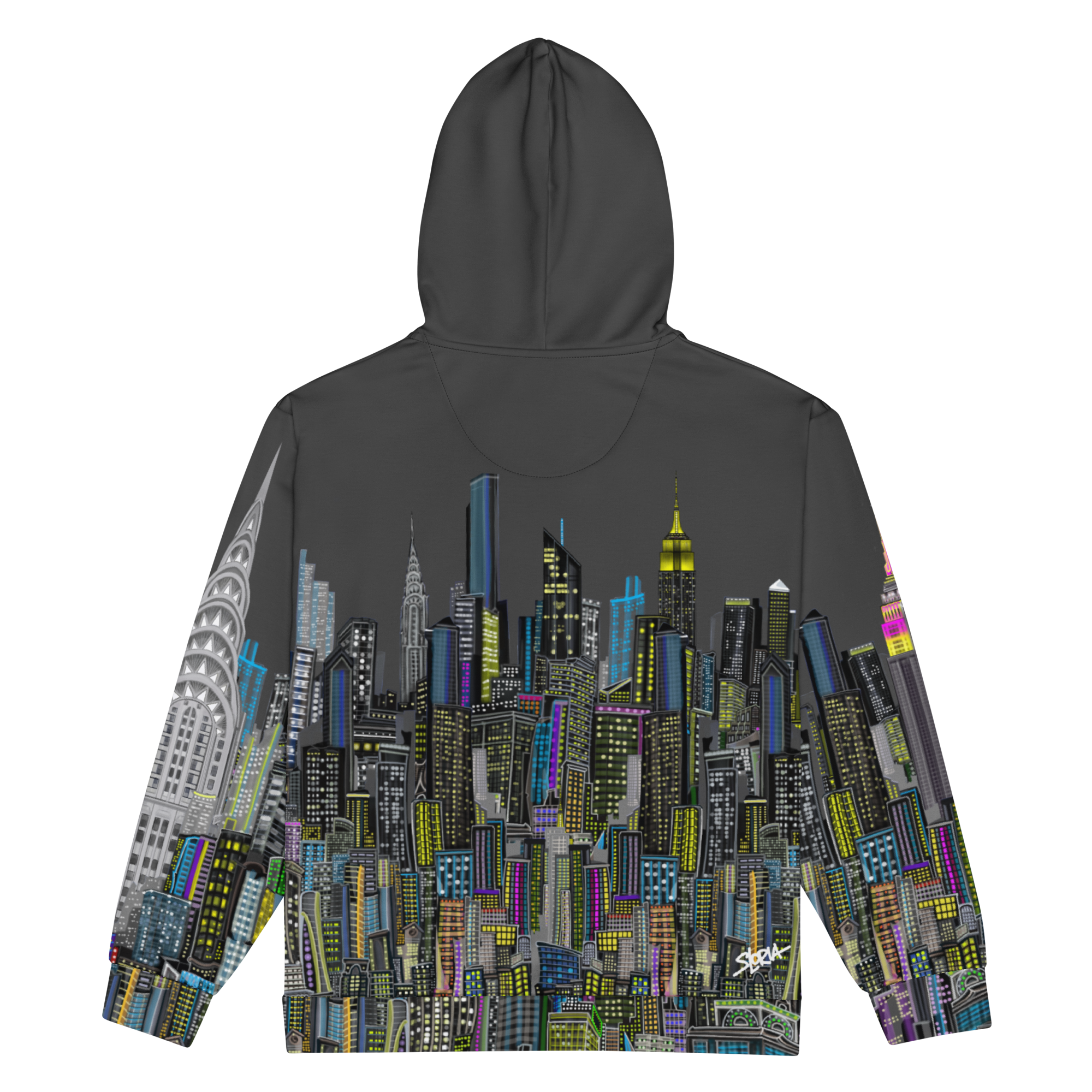 Hoodie with a cityscape Loria NYC Art  design on the back against a white background