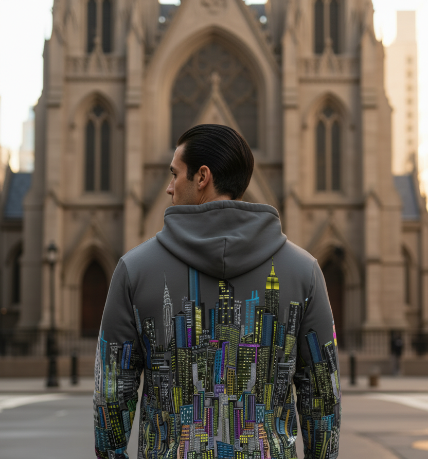 Person wearing a hoodie with a cityscape Loria NYC Art design in front of a large cathedral.