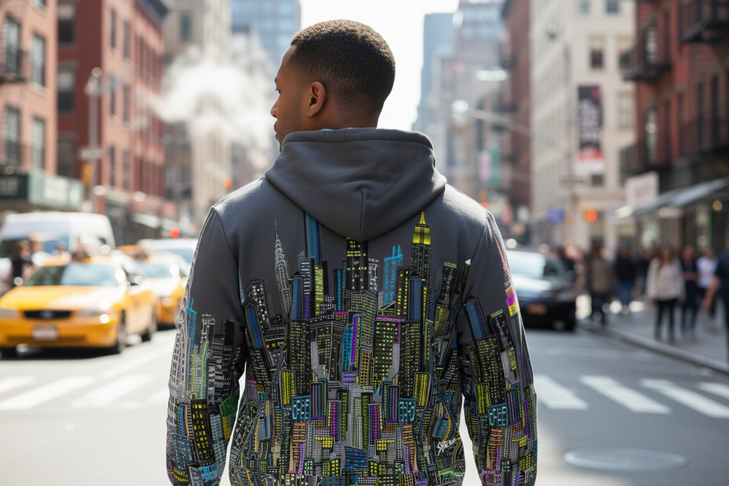 Person wearing a Loria NYC Art hoodie walking down a city street with buildings and taxis in the background.