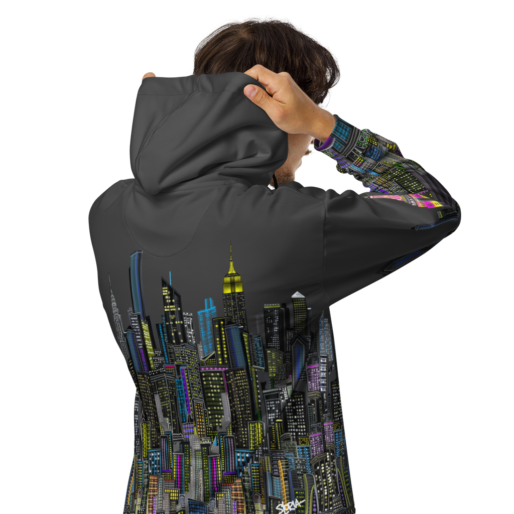 Person wearing a Loria NYC Art hoodie with a cityscape design on the back, on a white background