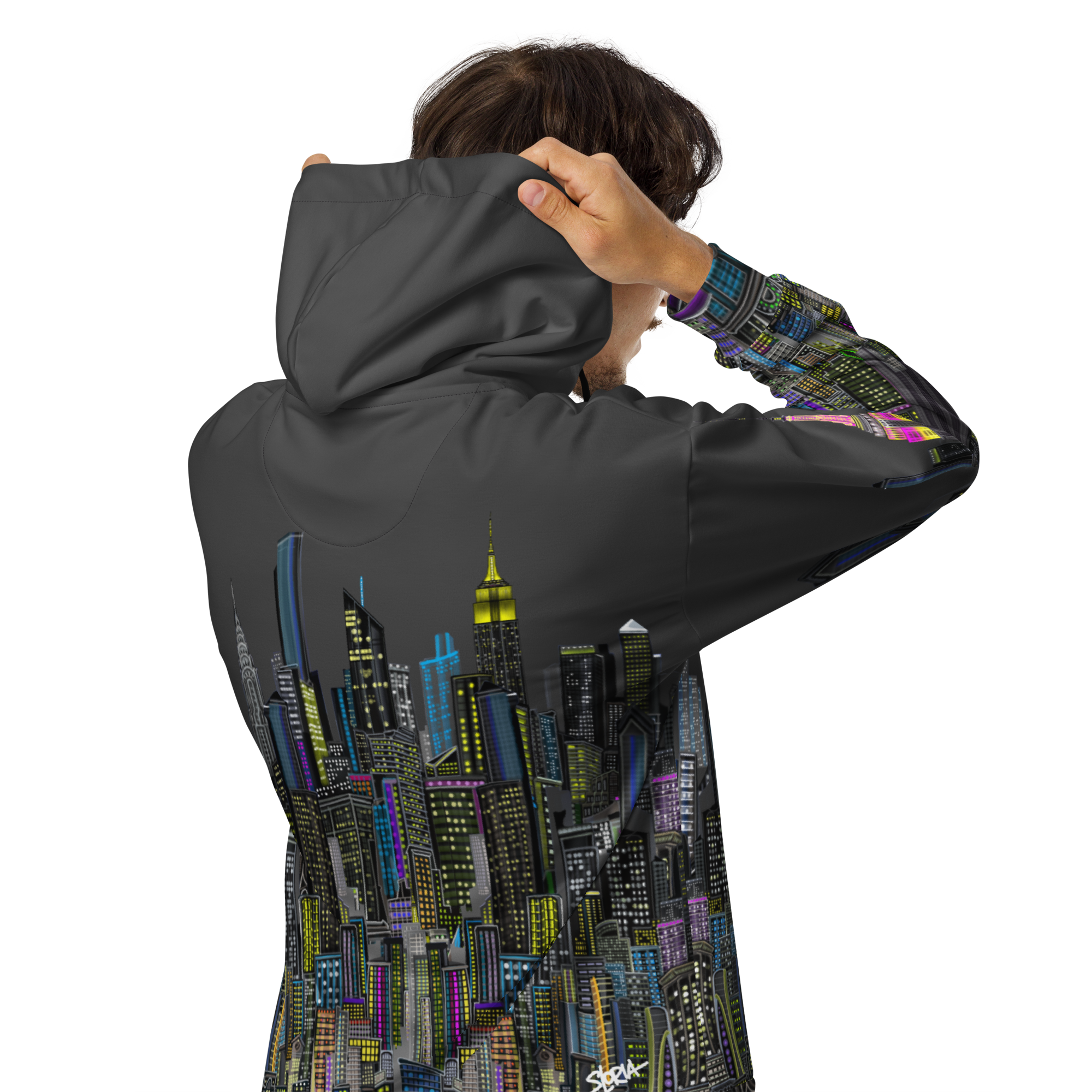 Person wearing a Loria NYC Art hoodie with a cityscape design on the back, on a white background
