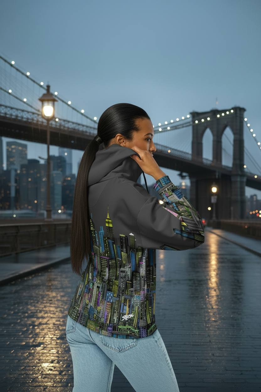 Person wearing a hoodie with a cityscape Loria NYC Art design in front of the Brooklyn Bridge at dusk.