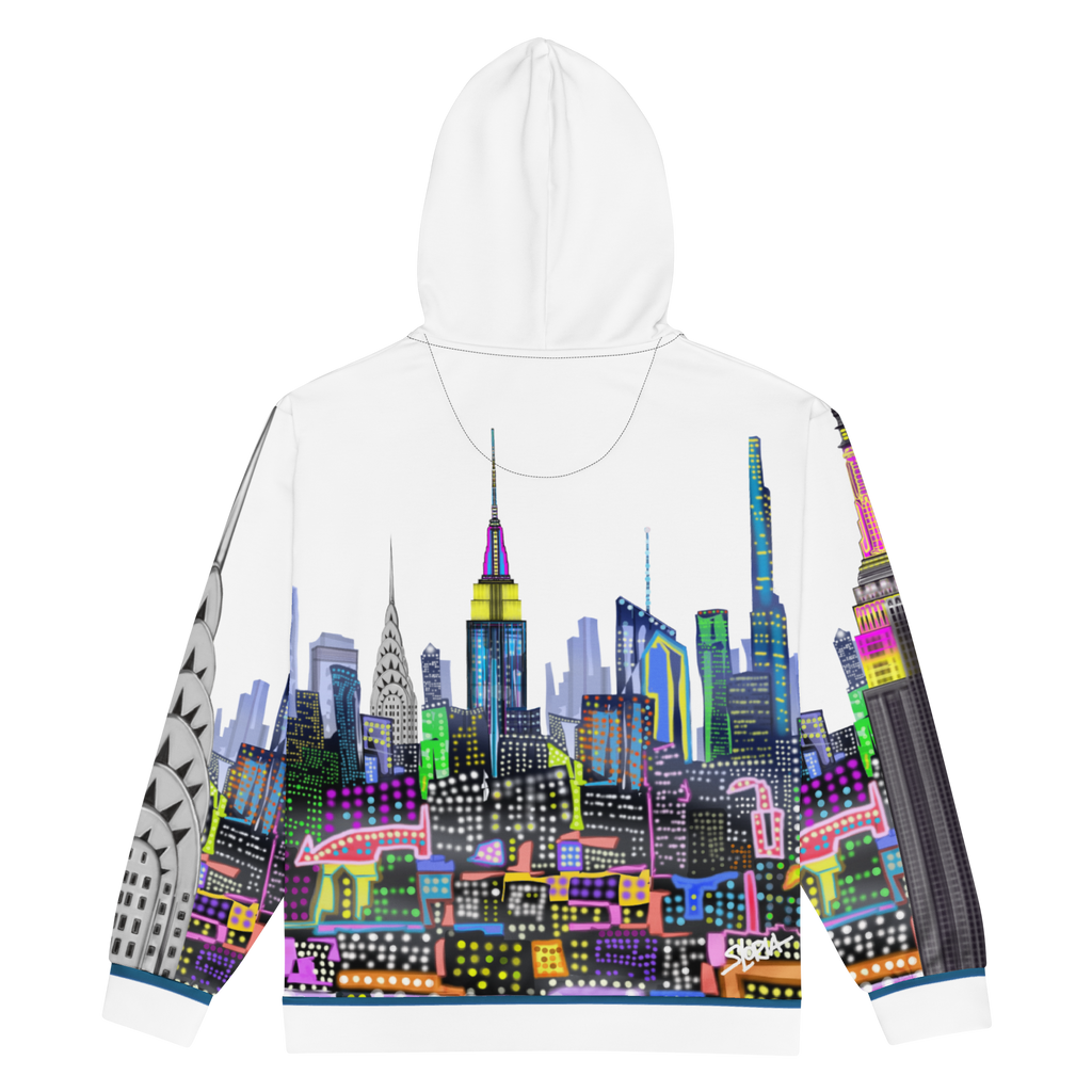White hoodie with Loria NYC Art colorful cityscape design on a white background
