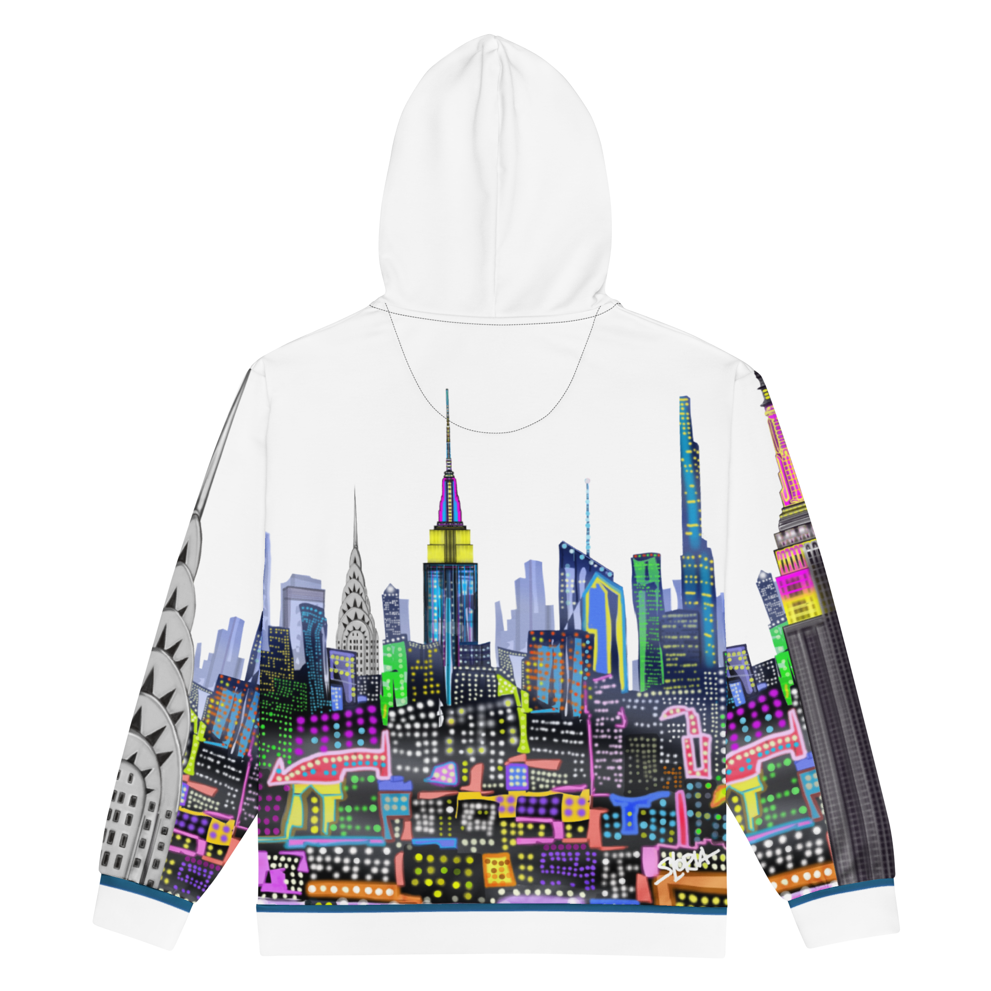 White hoodie with Loria NYC Art colorful cityscape design on a white background