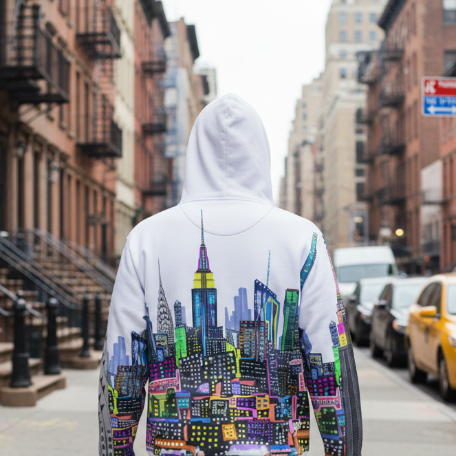 Person wearing a hoodie with a Loria NYC Art colorful cityscape design on a street in an urban setting.
