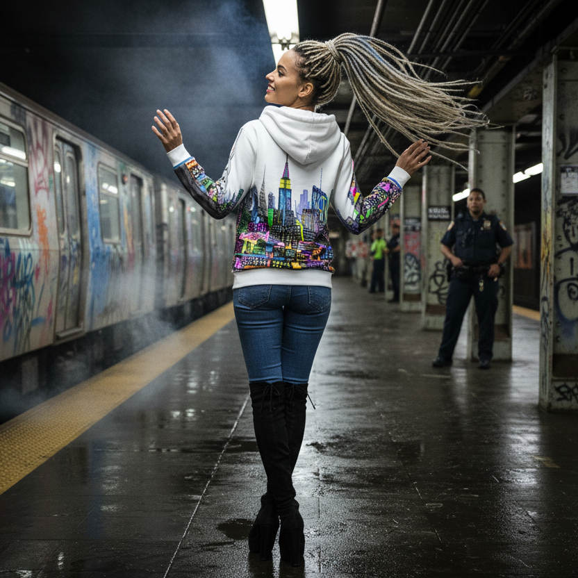 Woman in a colorful Loria NYC Art hoodie standing on a subway platform with graffiti-covered trains and columns.