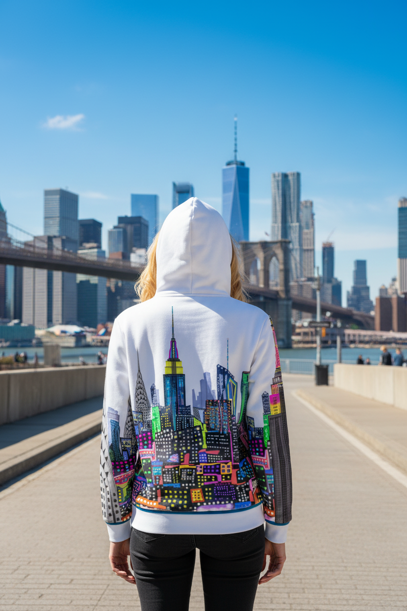 Person wearing a hoodie with a colorful cityscape Loria NYC Art design, standing on a bridge with a city skyline in the background.