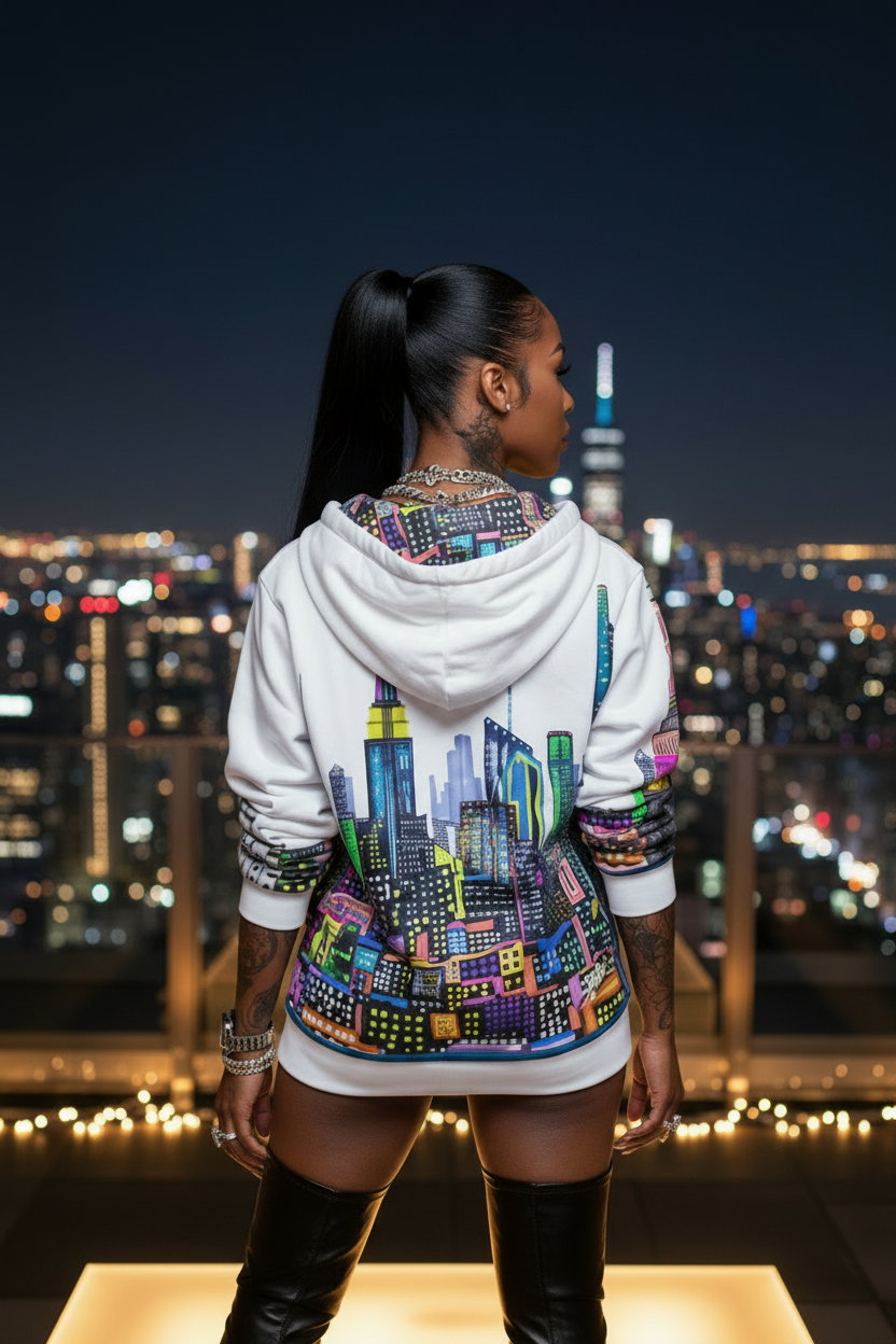 Lady wearing a colorful Loria NYC Art hoodie with cityscape design.