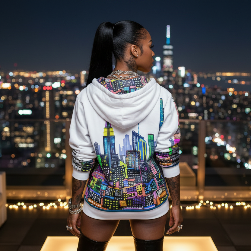 Person wearing a colorful Loria NYC Art hoodie with cityscape design, standing on a rooftop at night with a city skyline view.