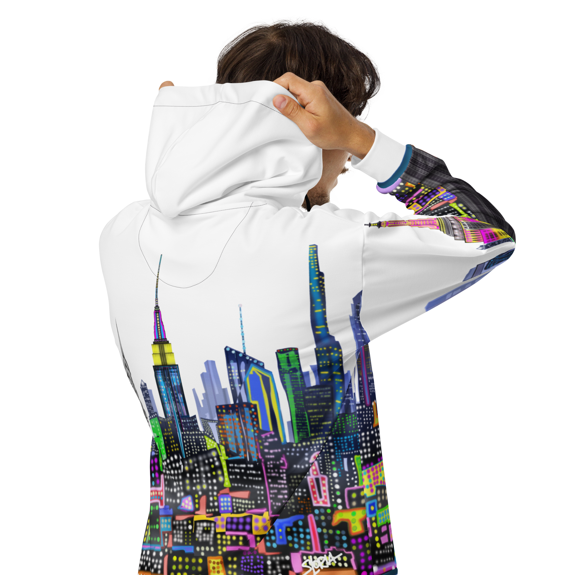 Person wearing a hoodie with a Loria NYC Art colorful cityscape design on a white background