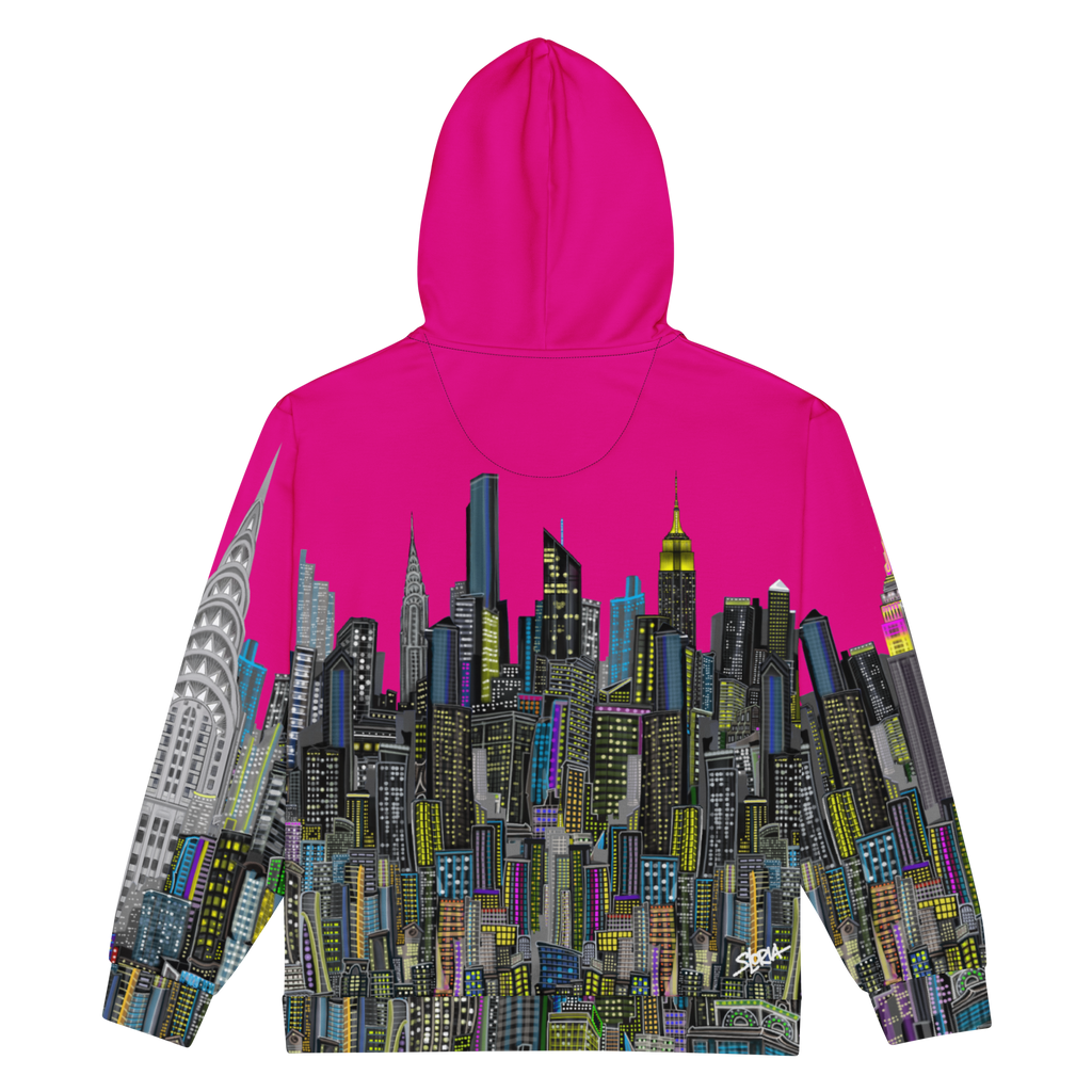 Colorful hoodie with cityscape NYC Loria Art design on a white background